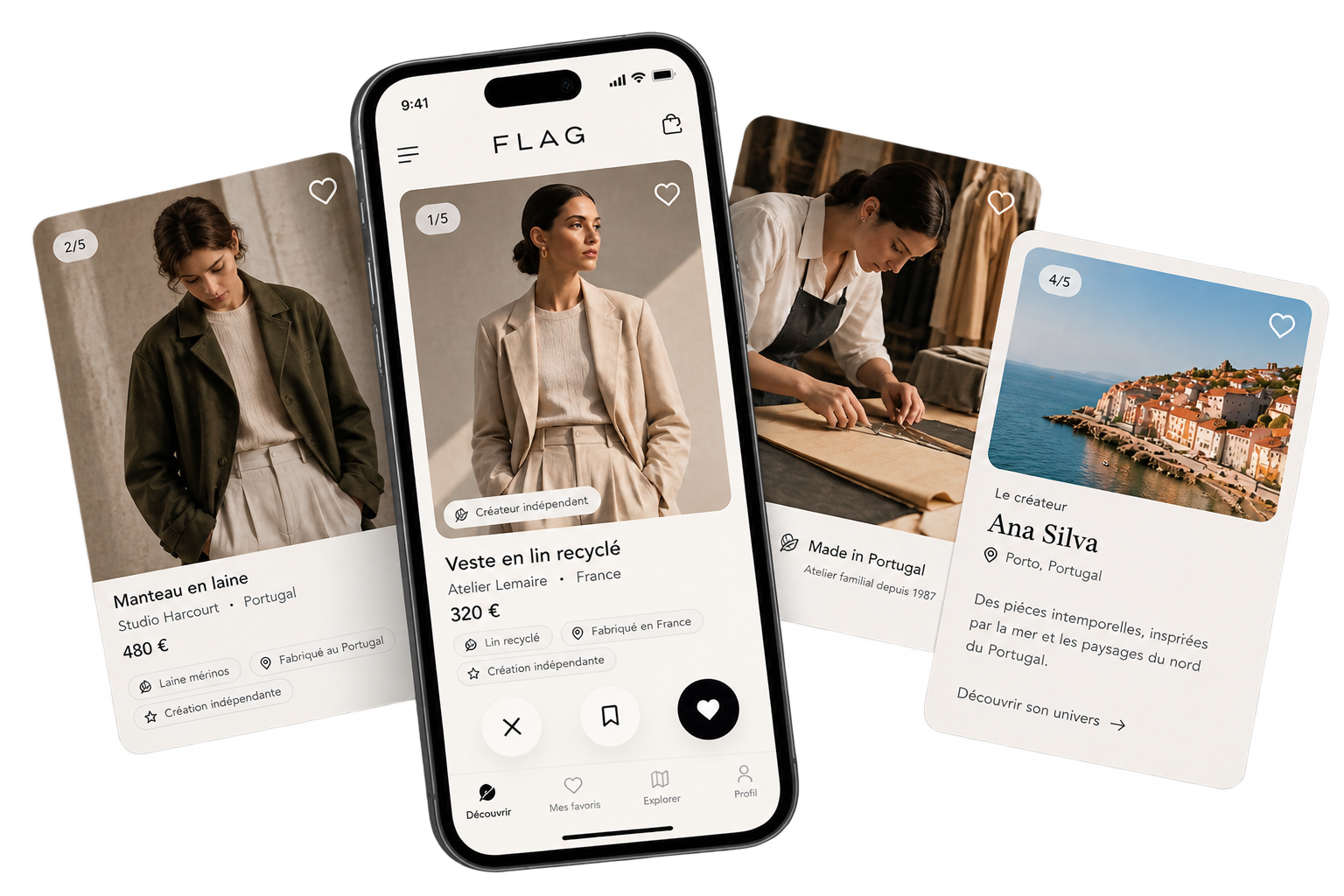 Aperçu de l'application FLAG : le téléphone au centre, entouré de cartes à swiper, d'un atelier « Made in Portugal » et de la fiche de la créatrice Ana Silva